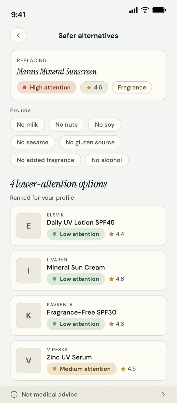 Ingreview alternatives screen: sample products with lower attention levels, ranked for the user's profile, with the not-medical-advice notice at the bottom.