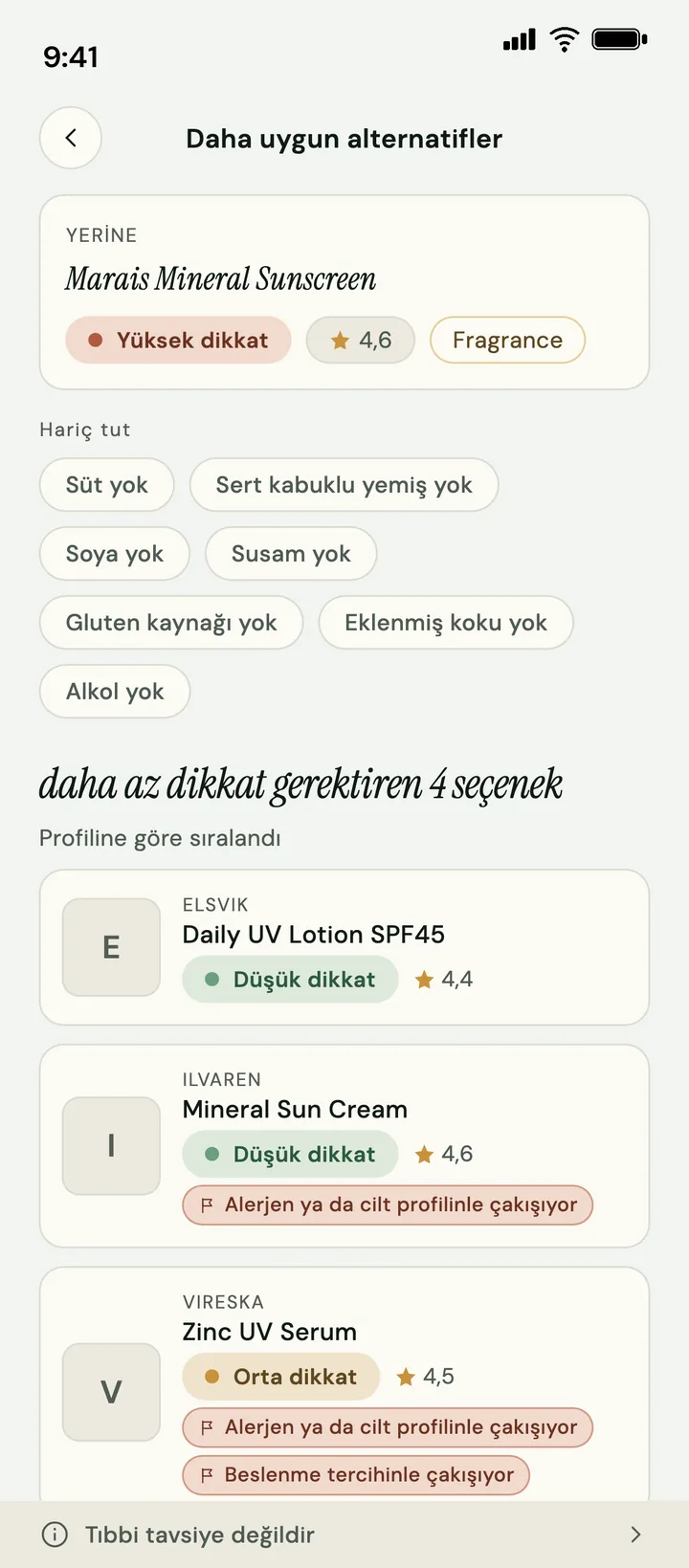 Ingreview alternatifler ekranı (Türkçe arayüz): örnek ürünler daha düşük dikkat seviyeleriyle profile göre sıralanmış; en altta tıbbi tavsiye değildir uyarısı.