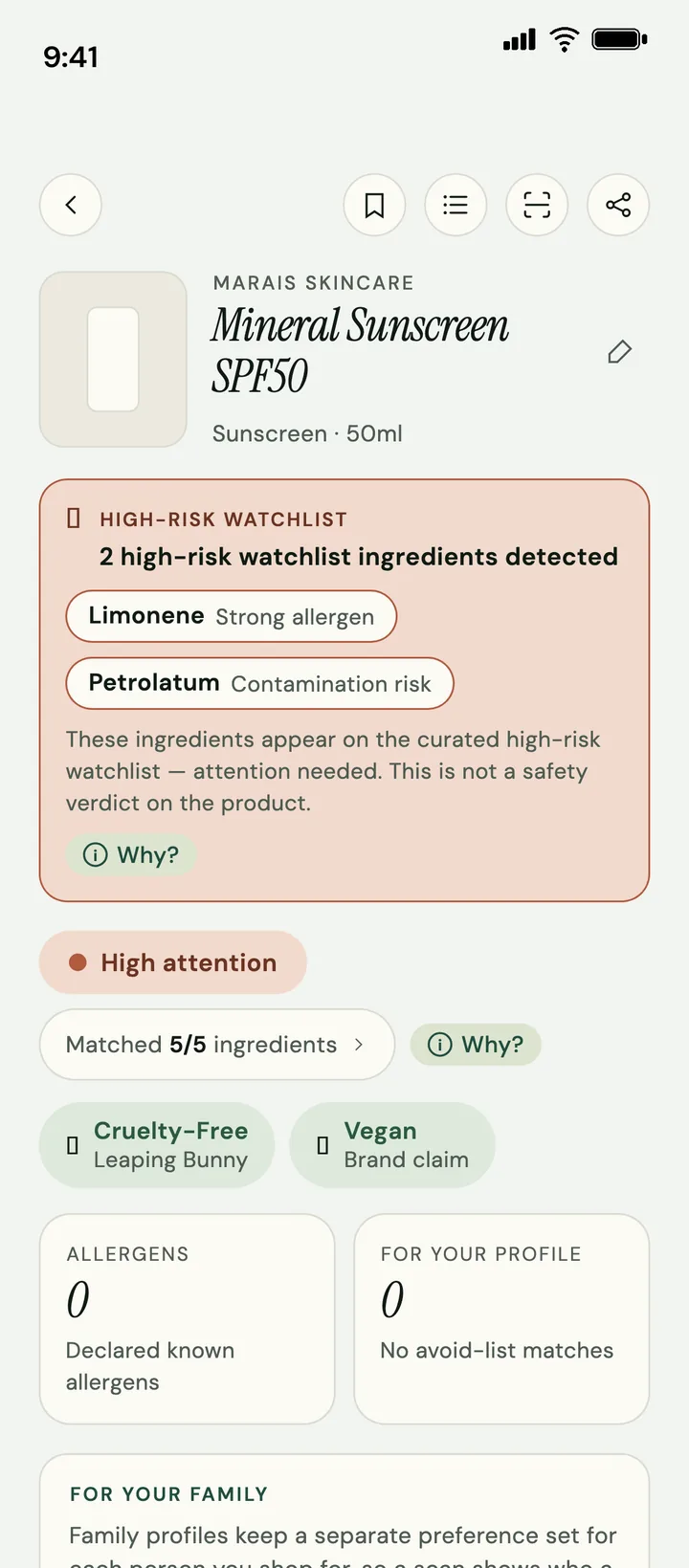Ingreview analysis screen for a sample sunscreen: a high attention level, watchlist notes on two ingredients, a matched 5 of 5 ingredients row, and zero declared allergens.