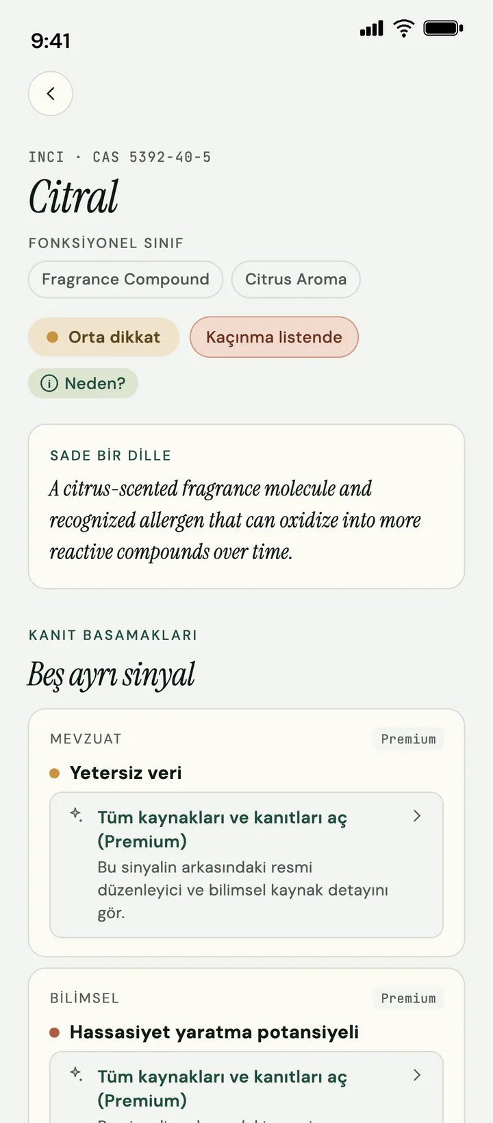 Ingreview içerik detay ekranı (Türkçe arayüz): Citral için orta dikkat ve kaçınma listesi etiketleri, sade bir dille açıklama kartı ve beş ayrı sinyalden oluşan kanıt basamaklarının başlangıcı.